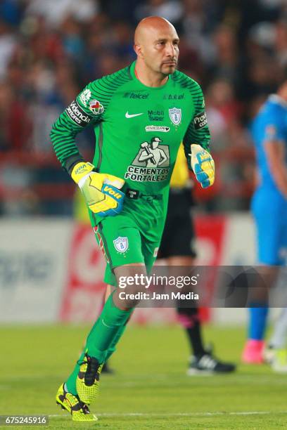 Oscar Perez goalkeeper of Pachuca celebrates after scoring the second goal of his team during a match between Pachuca and Cruz Azul as part of the...