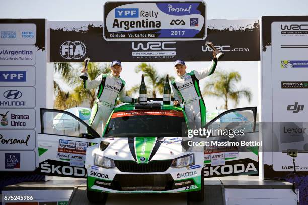 Pontus Tidemand of Finland and Jonas Andersson of Sweden celebrate their victory in WRC2 during Day Three of the WRC Argentina on April 30, 2017 in...