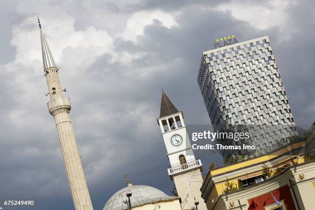 Tirana, Albania Minaret of a mosque next to the Hotel Plaza in Tirana, Albania on March 27, 2017 in Tirana, Albania.