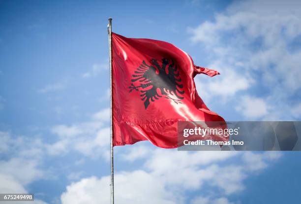 Tirana, Albania National flag of Albania on March 27, 2017 in Tirana, Albania.