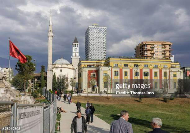 Tirana, Albania Mosque next to the Hotel Plaza in Tirana, Albania on March 27, 2017 in Tirana, Albania.