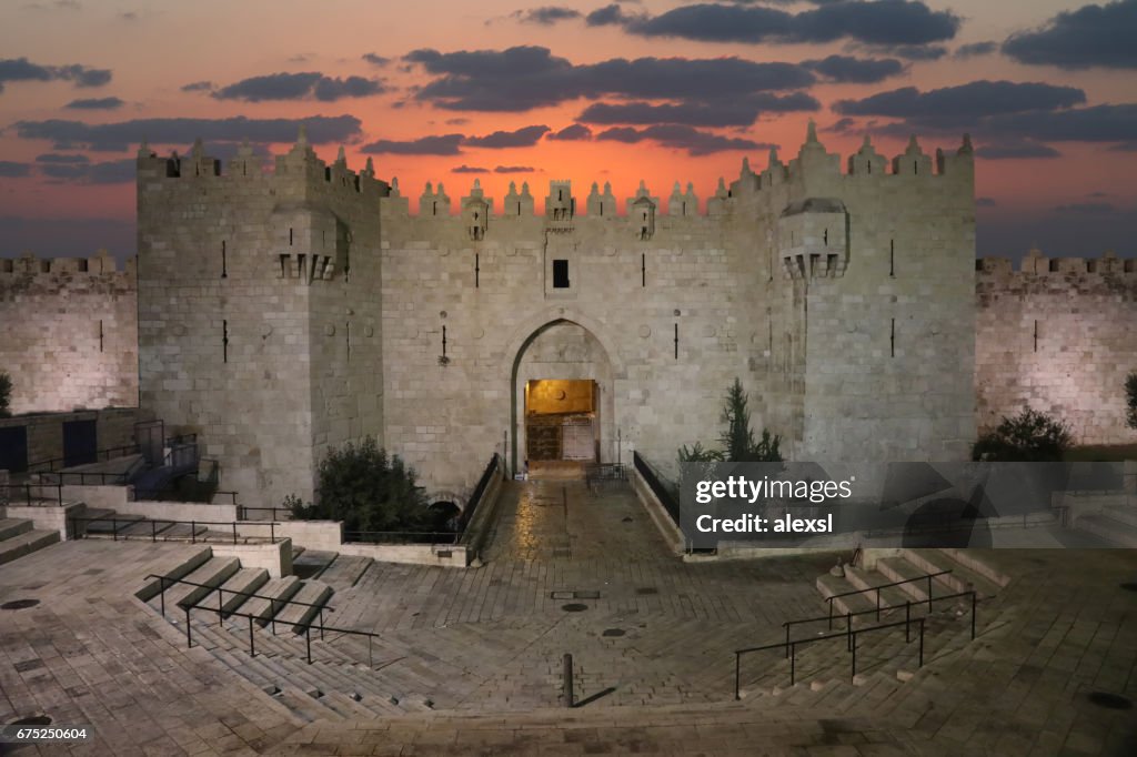 Jerusalem old city Damascus Gate aerial view sunset