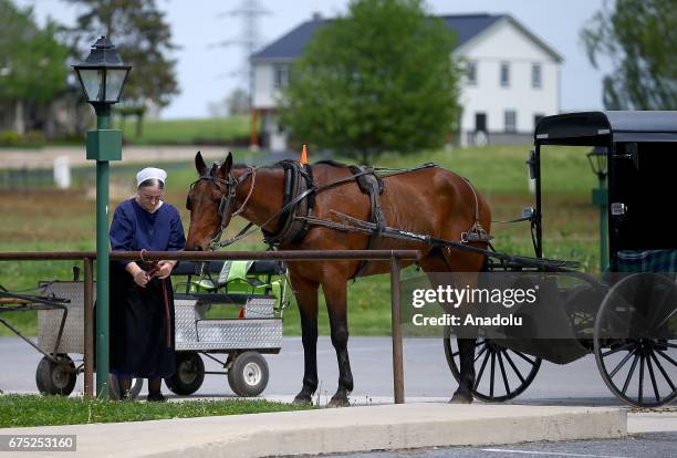 Amish woman ties up an Amish's rope in Central Pennsylvania, United States on April 30, 2017. Central Pennsylvania is home to an iconic set of plain...