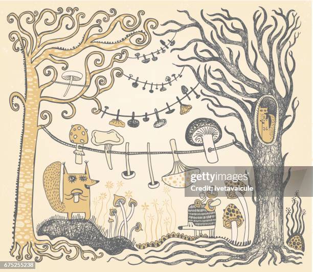 illustrazioni stock, clip art, cartoni animati e icone di tendenza di funghi essiccanti scoiattolo sulla linea tesa tra due trea - squirrel art