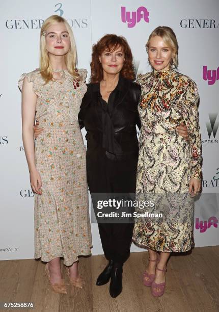 Actresses Elle Fanning, Susan Sarandon and Naomi Watts attend the screening of "3 Generations" hosted by The Weinstein Company at the Whitby Hotel on...