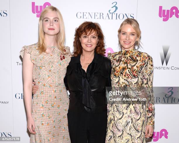 Actors Elle Fanning, Susan Sarandon and Naomi Watts attend a screening of "3 Generations" hosted by The Weinstein Company at the Whitby Hotel on...