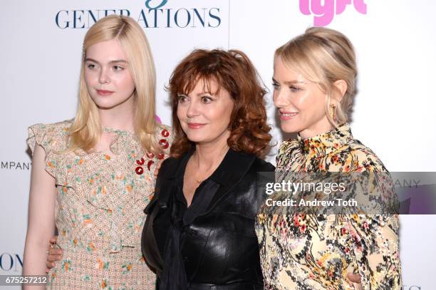 Actors Elle Fanning, Susan Sarandon and Naomi Watts attend a screening of "3 Generations" hosted by The Weinstein Company at the Whitby Hotel on...