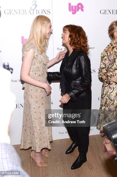 Actors Elle Fanning and Susan Sarandon attend a screening of "3 Generations" hosted by The Weinstein Company at the Whitby Hotel on April 30, 2017 in...