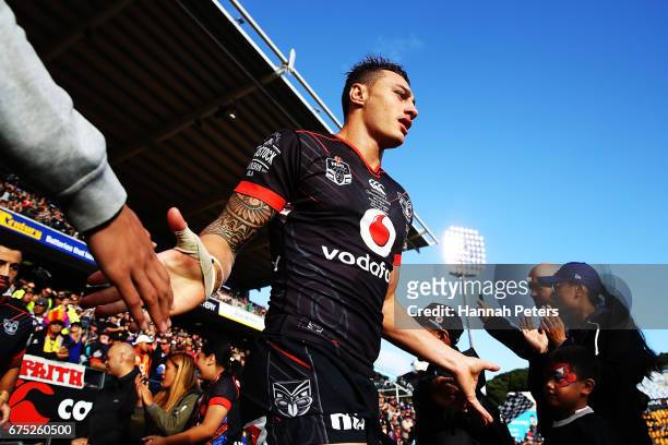 Charnze Nicoll-Klokstad of the Warriors runs out for his debut during the round nine NRL match between the New Zealand Warriors and the Sydney...