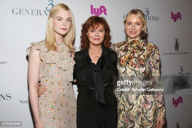 Elle Fanning, Susan Sarandon and Naomi Watts attend The Weinstein Company and Lyft host a special screening of "3 Generations" on April 30, 2017 in...