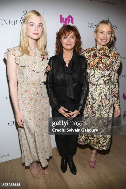 Elle Fanning, Susan Sarandon and Naomi Watts attend The Weinstein Company and Lyft host a special screening of "3 Generations" on April 30, 2017 in...