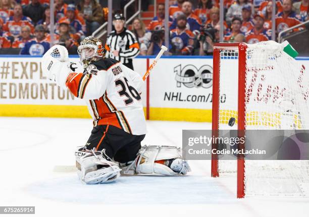 Goalie John Gibson of the Anaheim Ducks can't stop a goal by the Edmonton Oilers in Game Three of the Western Conference Second Round during the 2017...