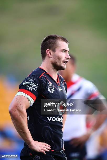 Kieran Foran of the Warriors looks on during the round nine NRL match between the New Zealand Warriors and the Sydney Roosters at Mt Smart Stadium on...