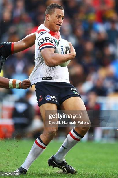 Kane Evans of the Roosters charges forward during the round nine NRL match between the New Zealand Warriors and the Sydney Roosters at Mt Smart...