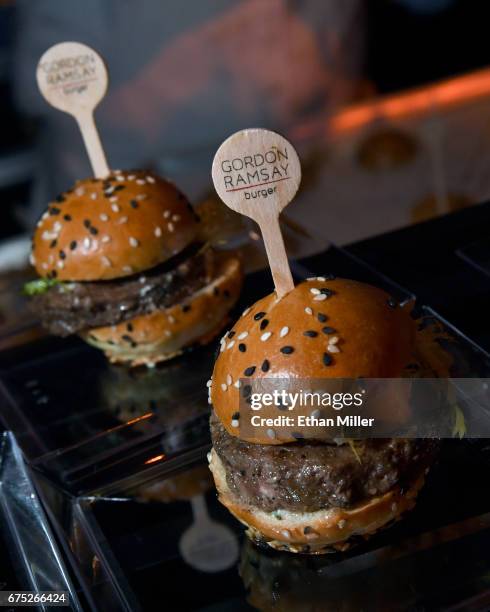 Foie Burgers are displayed at the Gordon Ramsay Burger booth during the 11th annual Vegas Uncork'd by Bon Appetit Grand Tasting event presented by...