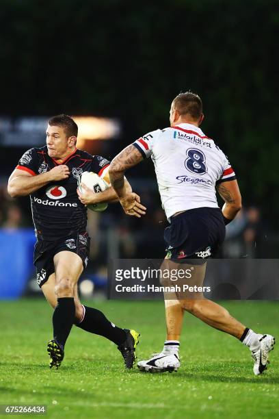 Jacob Lillyman of the Warriors charges forward during the round nine NRL match between the New Zealand Warriors and the Sydney Roosters at Mt Smart...