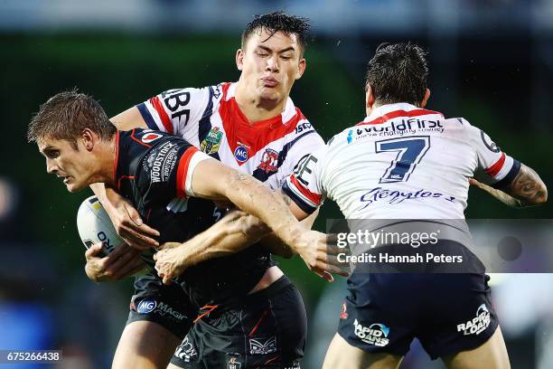 Blake Ayshford of the Warriors charges forward during the round nine NRL match between the New Zealand Warriors and the Sydney Roosters at Mt Smart...