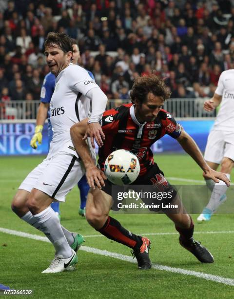 Maxwell of Paris Saint-Germain in action with Paul Baysse of OGC Nice during the French Ligue 1 match between OGC Nice and Paris Saint-Germain at...