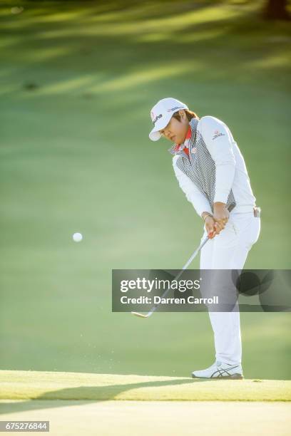 Haru Nomura of Japan plays her third shot at the 18th hole during a playoff in the final round of the Volunteers of America North Texas Shootout at...