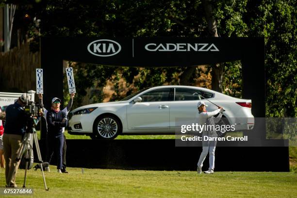 Haru Nomura of Japan plays her tee shot at the 17th hole during the final round of the Volunteers of America North Texas Shootout at Las Colinas...