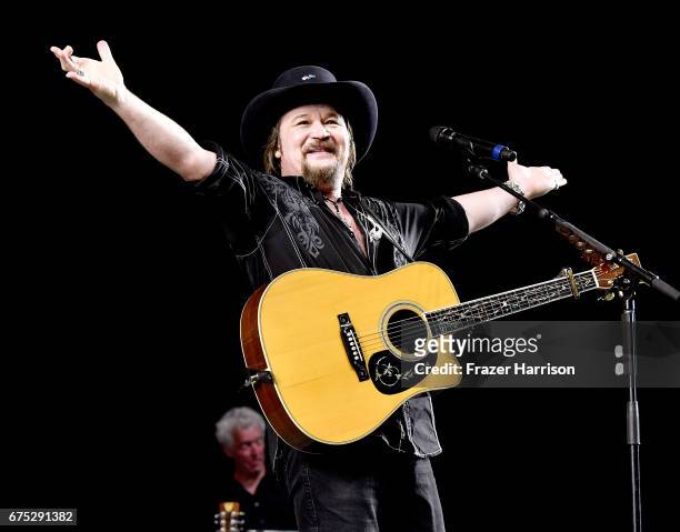 Musician Travis Tritt performs on the Palomino stage during day 3 of 2017 Stagecoach California's Country Music Festival at the Empire Polo Club on...