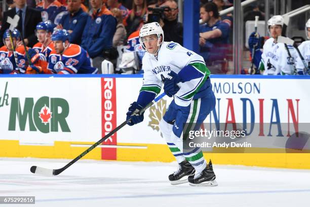 Drew Shore of the Vancouver Canucks skates during the game against the Edmonton Oilers on April 9, 2017 at Rogers Place in Edmonton, Alberta, Canada.