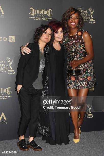 Sara Gilbert, Sharon Osbourne and Aisha Tyler pose in the Press Room during the 44th Annual Daytime Emmy Awards at Pasadena Civic Auditorium on April...
