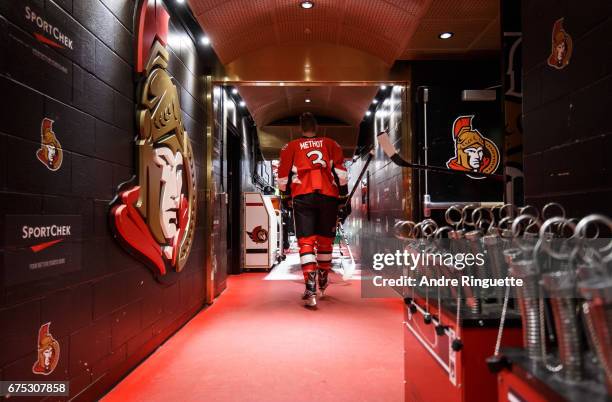Marc Methot of the Ottawa Senators walks down the players' tunnel for warmup prior to playing against the New York Rangers in Game Two of the Eastern...
