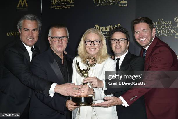 Andy Lassner, Jonathan Norman, Mary Connelly, Ed Glavin and Kevin Leman attend the 44th Annual Daytime Emmy Awards - Press Room at Pasadena Civic...