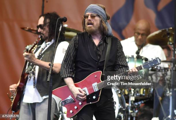 Mike Campbell, Tom Petty, and Steve Ferrone of Tom Petty and The Heartbreakers perform during the 2017 New Orleans Jazz & Heritage Festival at Fair...