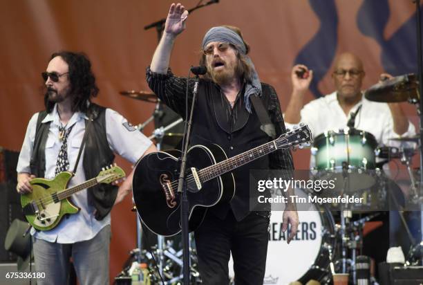 Mike Campbell, Tom Petty, and Steve Ferrone of Tom Petty and The Heartbreakers perform during the 2017 New Orleans Jazz & Heritage Festival at Fair...