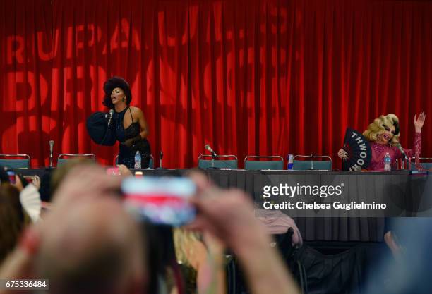 Shangela and Alyssa Edwards onstage during the 3rd Annual RuPaul's DragCon day 2 at Los Angeles Convention Center on April 30, 2017 in Los Angeles,...