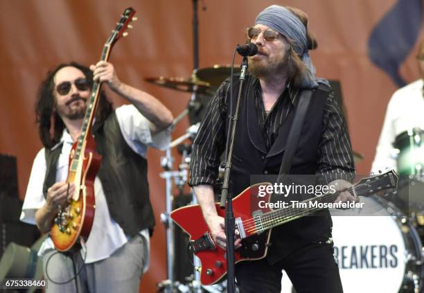 Mike Campbell and Tom Petty of Tom Petty and The Heartbreakers perform during the 2017 New Orleans Jazz & Heritage Festival at Fair Grounds Race...