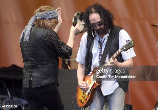 Tom Petty and Mike Campbell of Tom Petty and The Heartbreakers perform during the 2017 New Orleans Jazz & Heritage Festival at Fair Grounds Race...