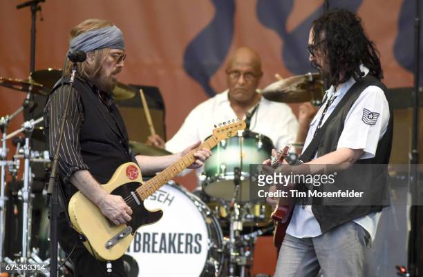 Tom Petty, Steve Ferrone, and Mike Campbell of Tom Petty and The Heartbreakers perform during the 2017 New Orleans Jazz & Heritage Festival at Fair...