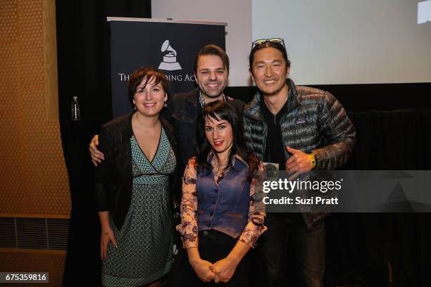 Musicians Sarah Shannon, Andrew Joslyn, Astra Elane, and Daniel Pak pose for a photo at the GRAMMYPro Songwriter's Summit at Museum of Pop Culture on...