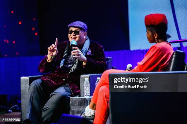 Singer-songwriter Kalani Pe'a speaks with Catherine Harris-White at the GRAMMYPro Songwriter's Summit at Museum of Pop Culture on April 30, 2017 in...