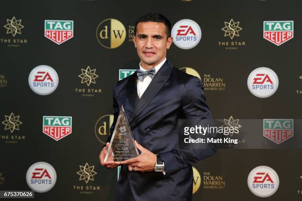Tim Cahill of Melbourne City FC poses with the A-League Goal of the Year award during the FFA Dolan Warren Awards at The Star on May 1, 2017 in...