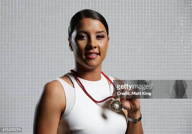 Samantha Kerr of Perth Glory FC poses with the Julie Dolan Medal during the FFA Dolan Warren Awards at The Star on May 1, 2017 in Sydney, Australia.