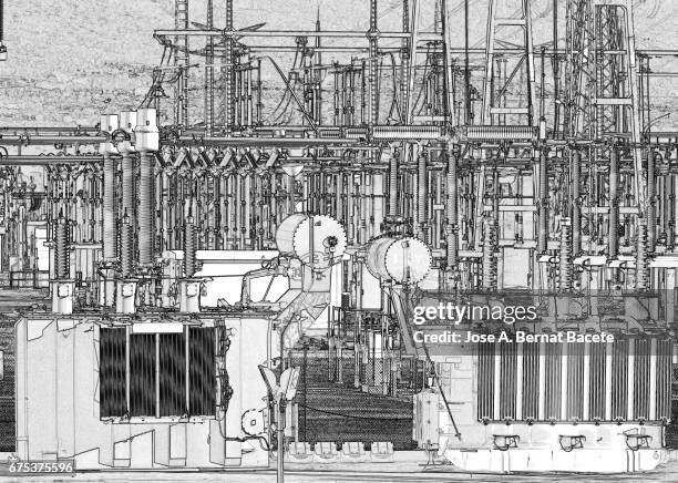 electrical transformer of high tension in a distribution electric power station of electric power - comunidad autonoma de valencia stock illustrations