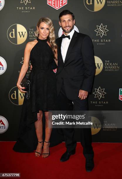 Vince Lia and Elisha Nicolazzo arrive ahead of the FFA Dolan Warren Awards at The Star on May 1, 2017 in Sydney, Australia.