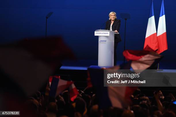 Presidential Candidate Marine Le Pen speaks at an election rally on May 1, 2017 in Villepinte, France. Le Pen faces Emmanuel Macron in the final...