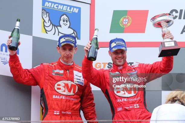 Shaun Balfe, Robert Bell celebrates on the podium during race 2 of International GT Open, at the Circuit de Estoril, Portugal, on April 30, 2017.