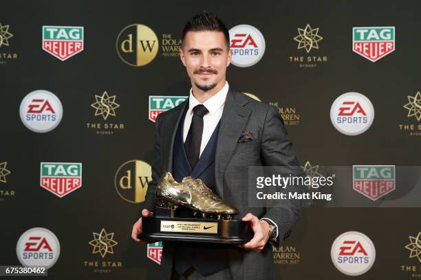 Jamie Maclaren of Brisbane Roar poses with the A-League Golden Boot award during the FFA Dolan Warren Awards at The Star on May 1, 2017 in Sydney,...