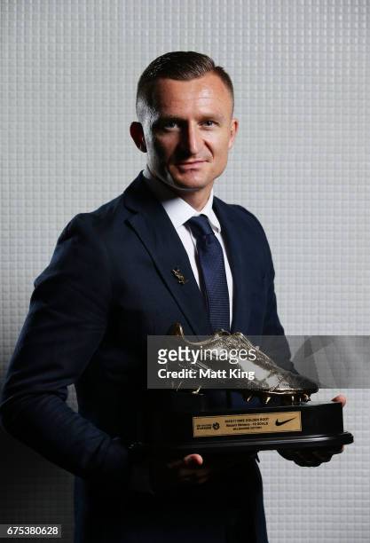 Besart Berisha of Melbourne Victory poses with the A-League Golden Boot award during the FFA Dolan Warren Awards at The Star on May 1, 2017 in...