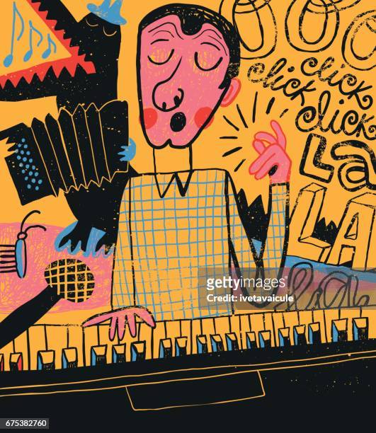 stockillustraties, clipart, cartoons en iconen met man zingen en piano spelen - accordion instrument