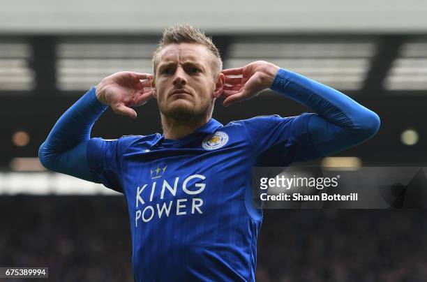 Jamie Vardy of Leicester City celebrates scoring his sides first goal during the Premier League match between West Bromwich Albion and Leicester City...