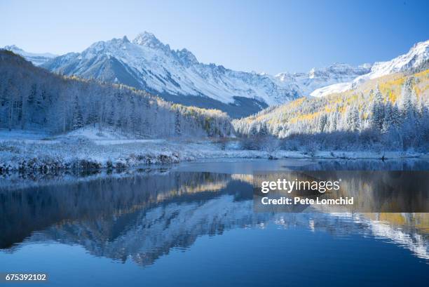 reflection of the mountain sneffle range, colorado - rocky mountains stock-fotos und bilder