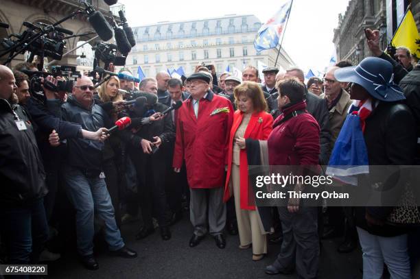 France's far-right political party Front National founder, Jean-Marie Le Pen honors Jeanne d'Arc "The Maid of Orléans" during a speech on May 1, 2017...