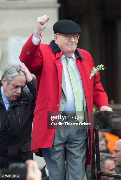 France's far-right political party Front National founder, Jean-Marie Le Pen honors Jeanne d'Arc "The Maid of Orléans" during a speech on May 1, 2017...